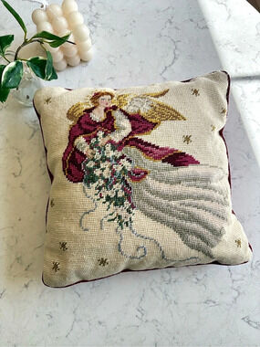 Vintage 40Embroidered Angel Accent Pillow in Red & Cream